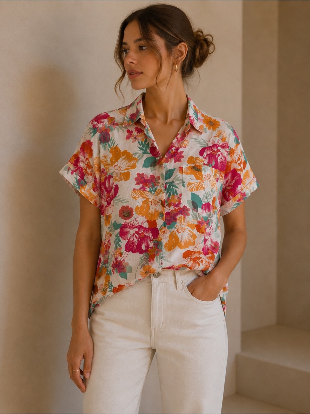 Rachel Zoe Floral Button-Front Short Sleeve Top - Pink & Orange Size Large